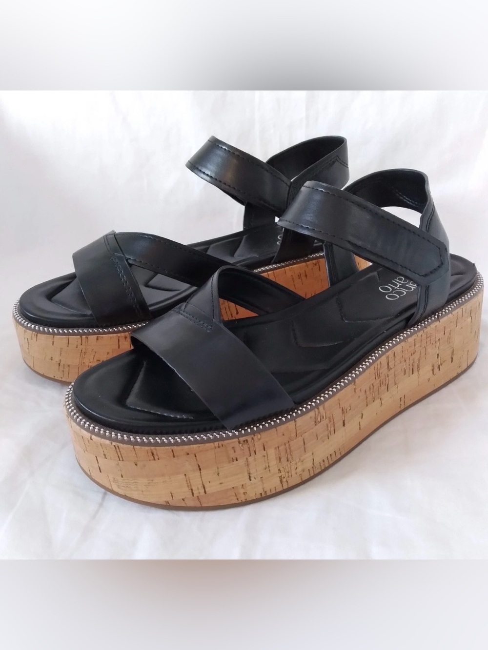 Franco Sarto Ozio Black Leather Platform Slingback Sandal, Size 9M